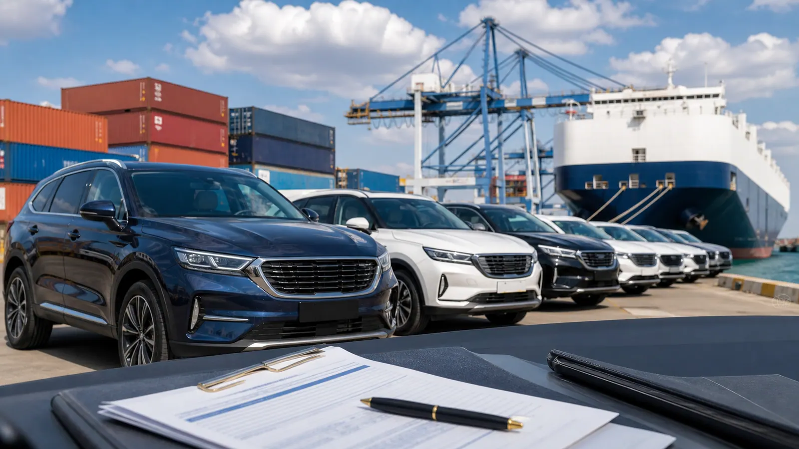 Véhicules préparés pour export international dans un port moderne